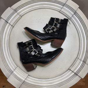 ARider Buckle Black Faux Crocodile Embossed Ankle Boots Size 7